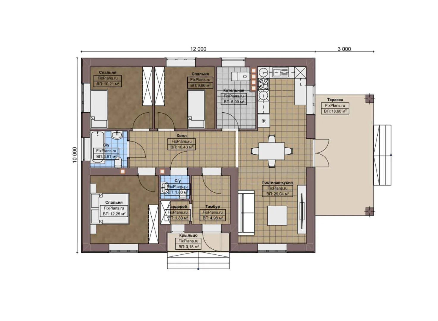 F-5777 - План одноэтажного дома 10 на 12, площадью 120 м² с террасой и 3 спальнями