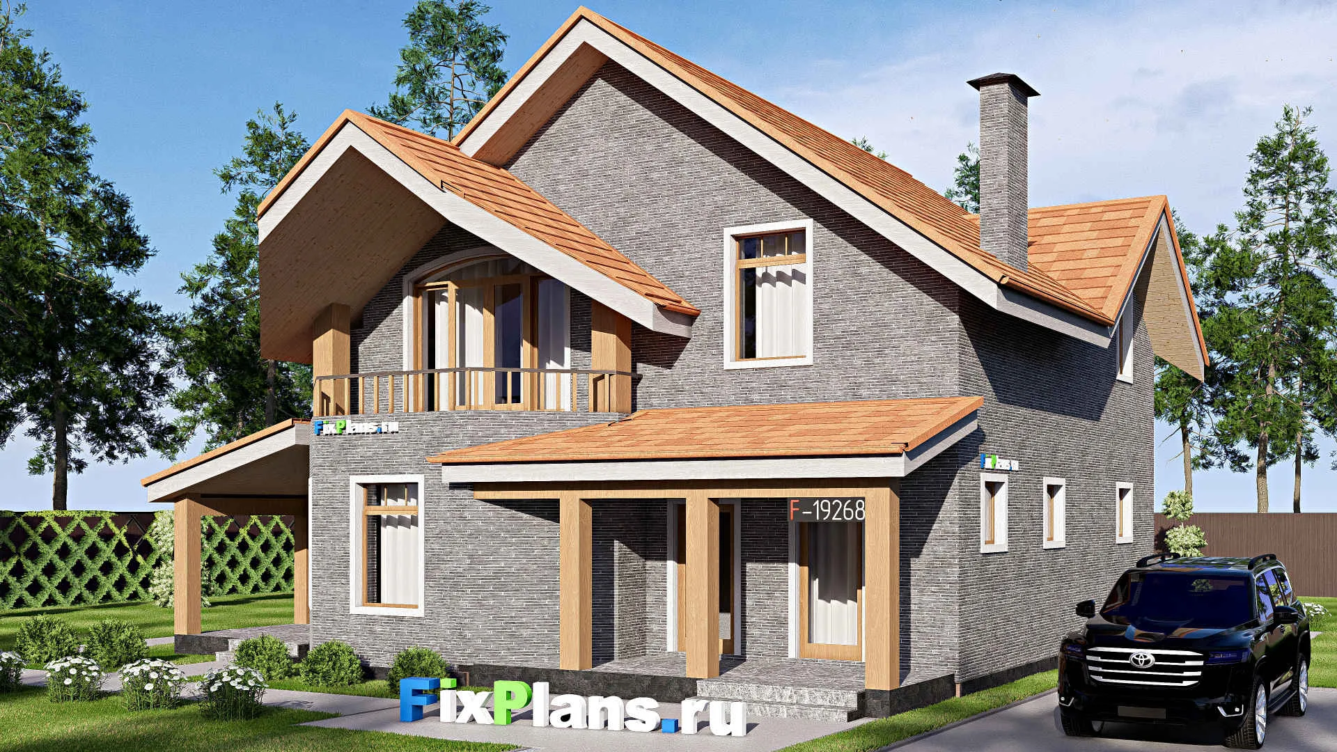 F-19268 - Проект дома с мансардой 13 на 14, площадью 230 м² с террасой, балконом и 3 спальнями