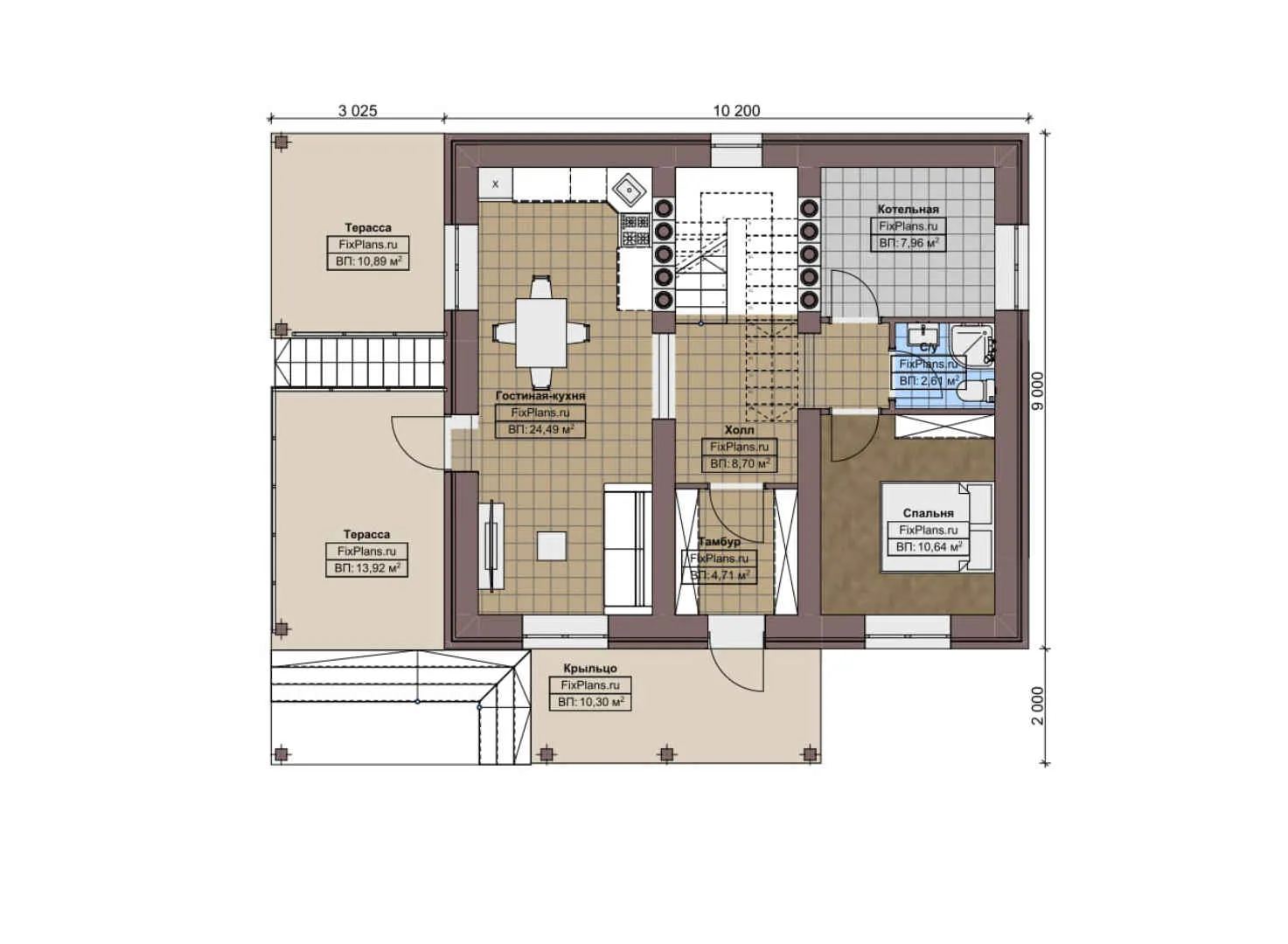 F-5669 - Планы дома с мансардой 9 на 11, площадью 220 м² с террасой, цокольным этажом и 3 спальнями