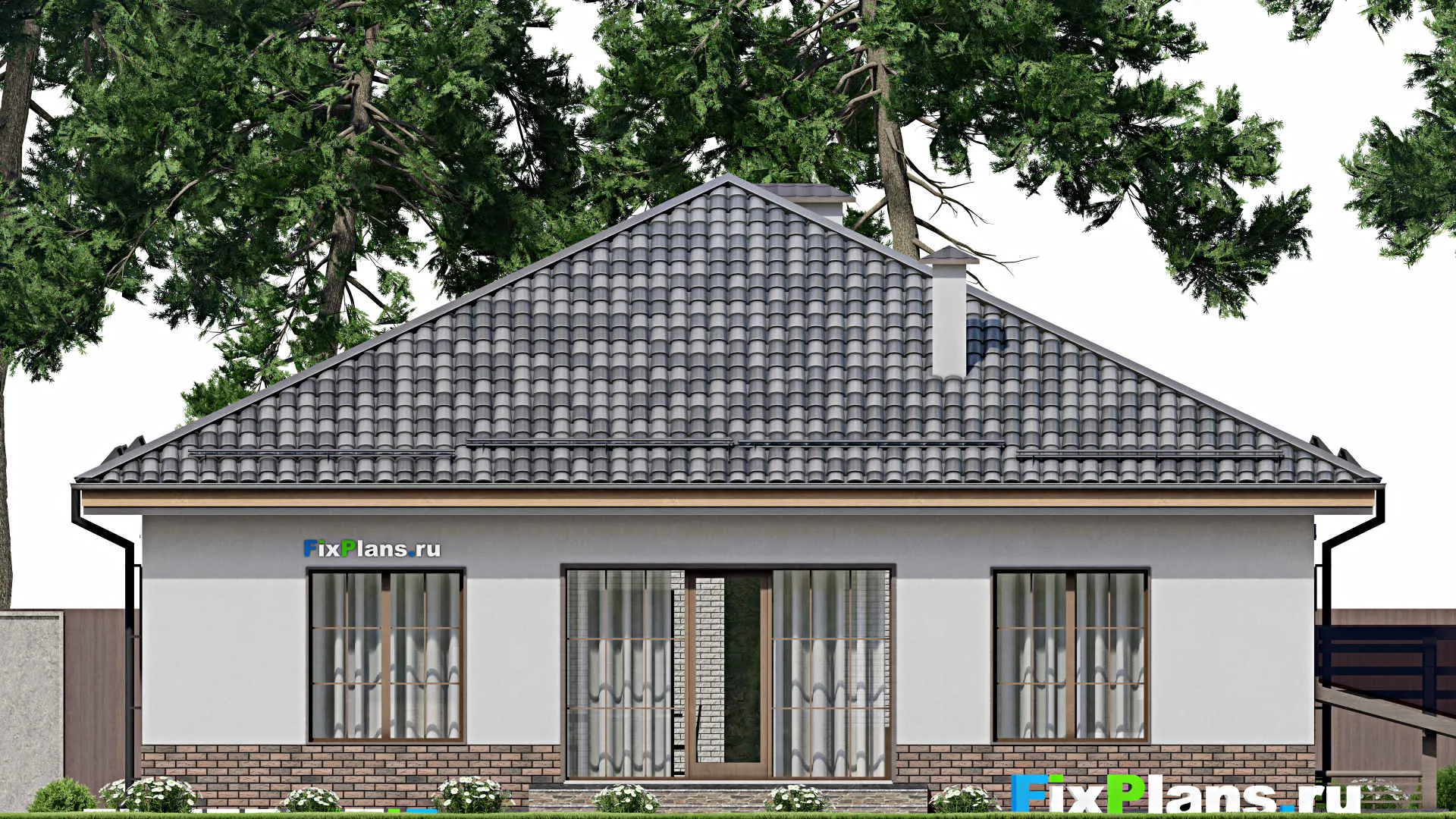 F-8981 - Проект одноэтажного дома 14 на 16, площадью 210 м² с террасой, цокольным этажом и 4 спальнями