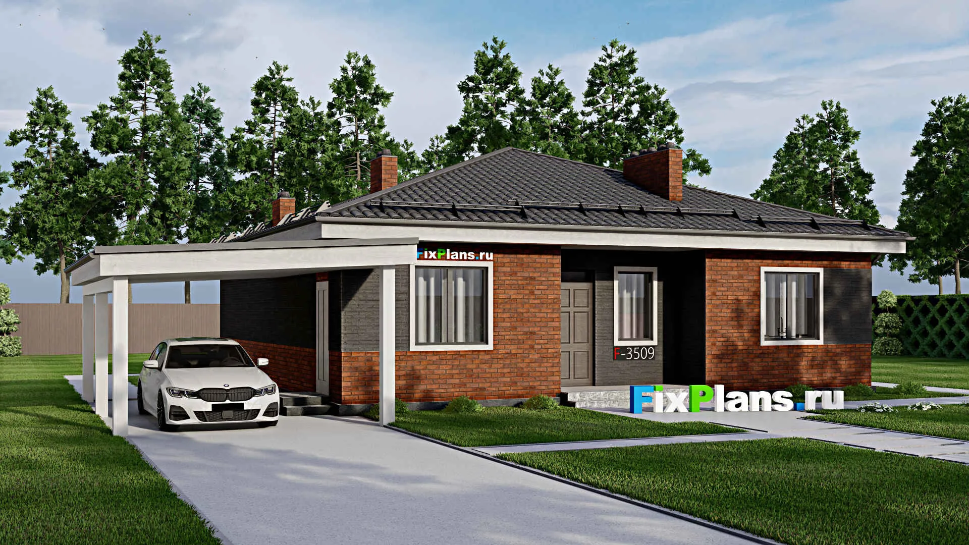 F-3509 - Проект одноэтажного дома 12 на 12, площадью 150 м² с террасой, баней и 2 спальнями