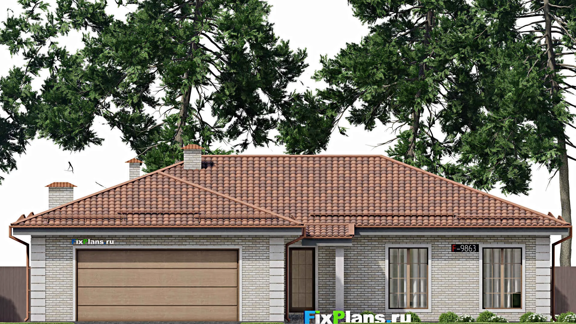 F-9863 - Проект одноэтажного дома 19 на 21, площадью 270 м² с террасой, цокольным этажом, баней, гаражом на 2 машины и 3 спальнями