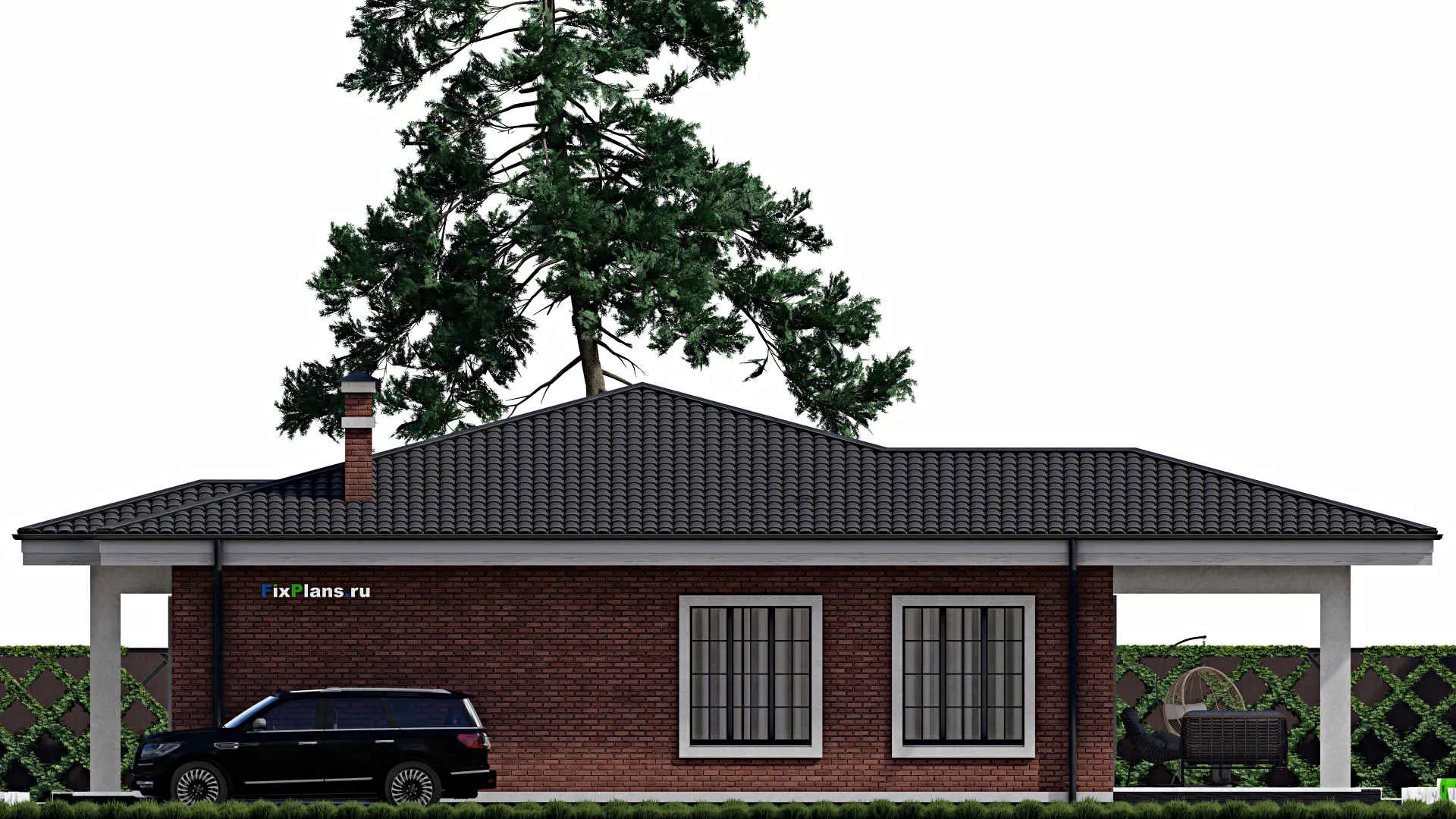 F-0917 - Проект одноэтажного дома 14 на 14, площадью 180 м² с террасой и 3 спальнями