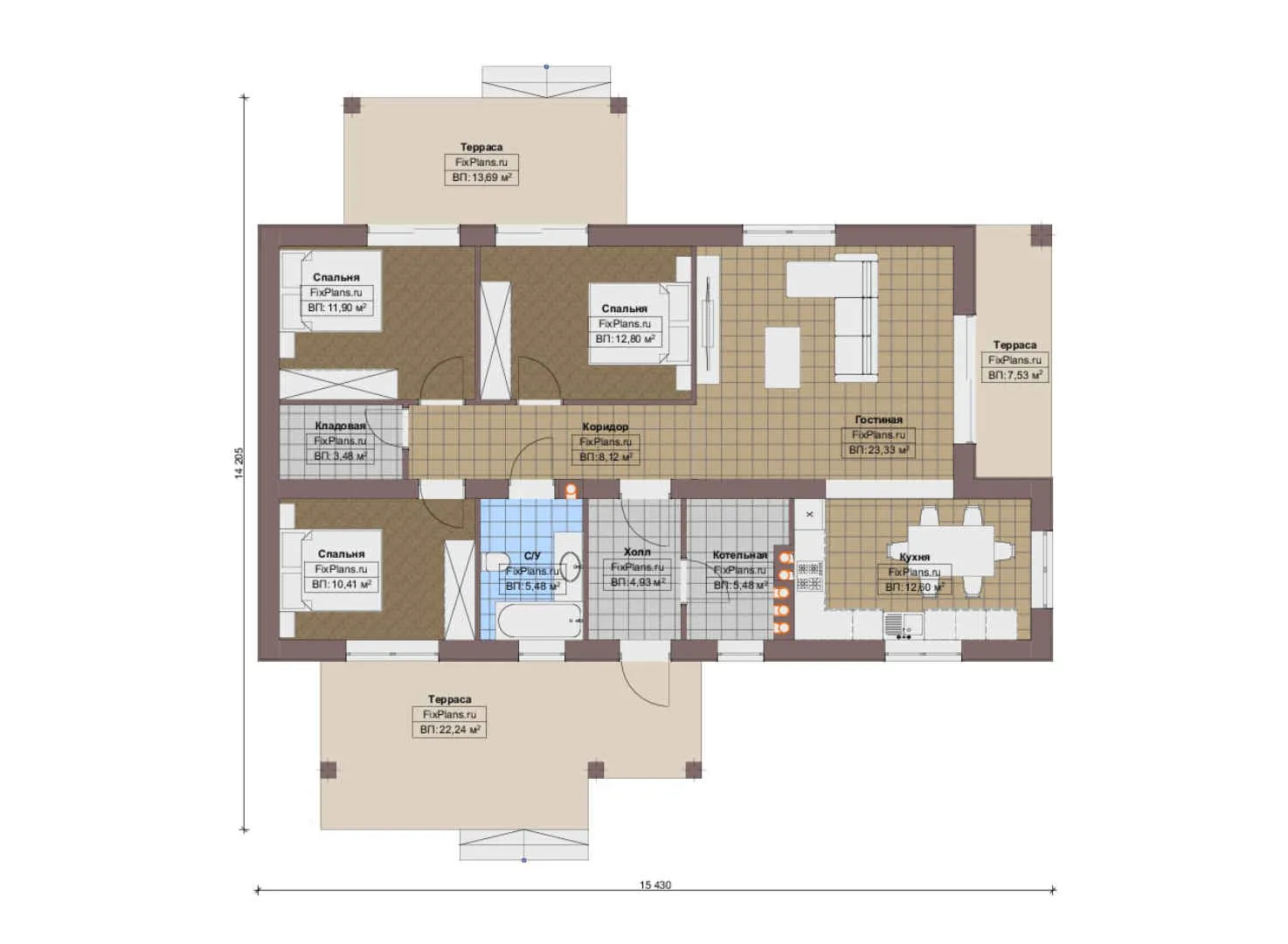 F-18458 - План одноэтажного дома 15 на 16, площадью 150 м² с террасой и 3 спальнями