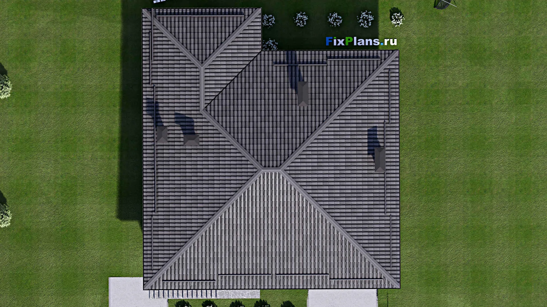 F-9467 - Проект двухэтажного дома 13 на 16, площадью 260 м² с террасой, цокольным этажом, гаражом на 1 машину и 3 спальнями