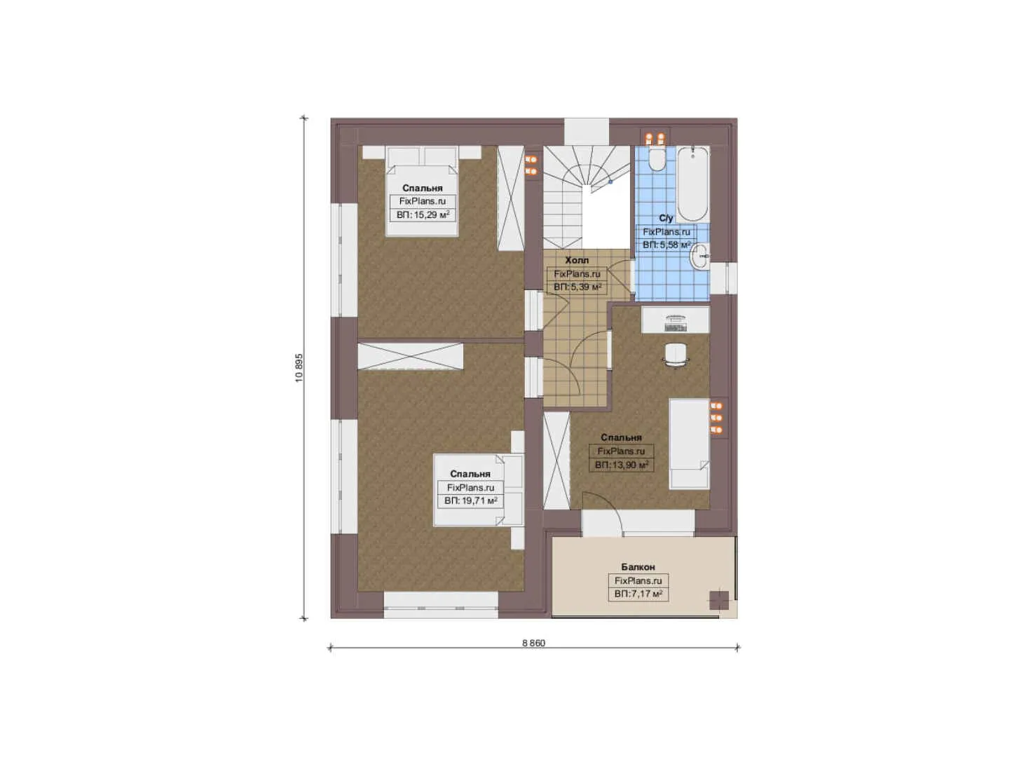 F-17018 - Планы двухэтажного дома 9 на 13, площадью 150 м² с террасой, балконом и 3 спальнями