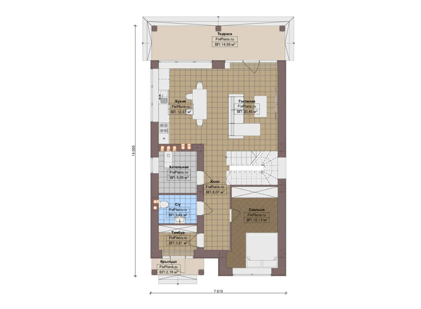 F-19493 - Планы двухэтажного дома 8 на 15, площадью 150 м² с террасой и 4 спальнями