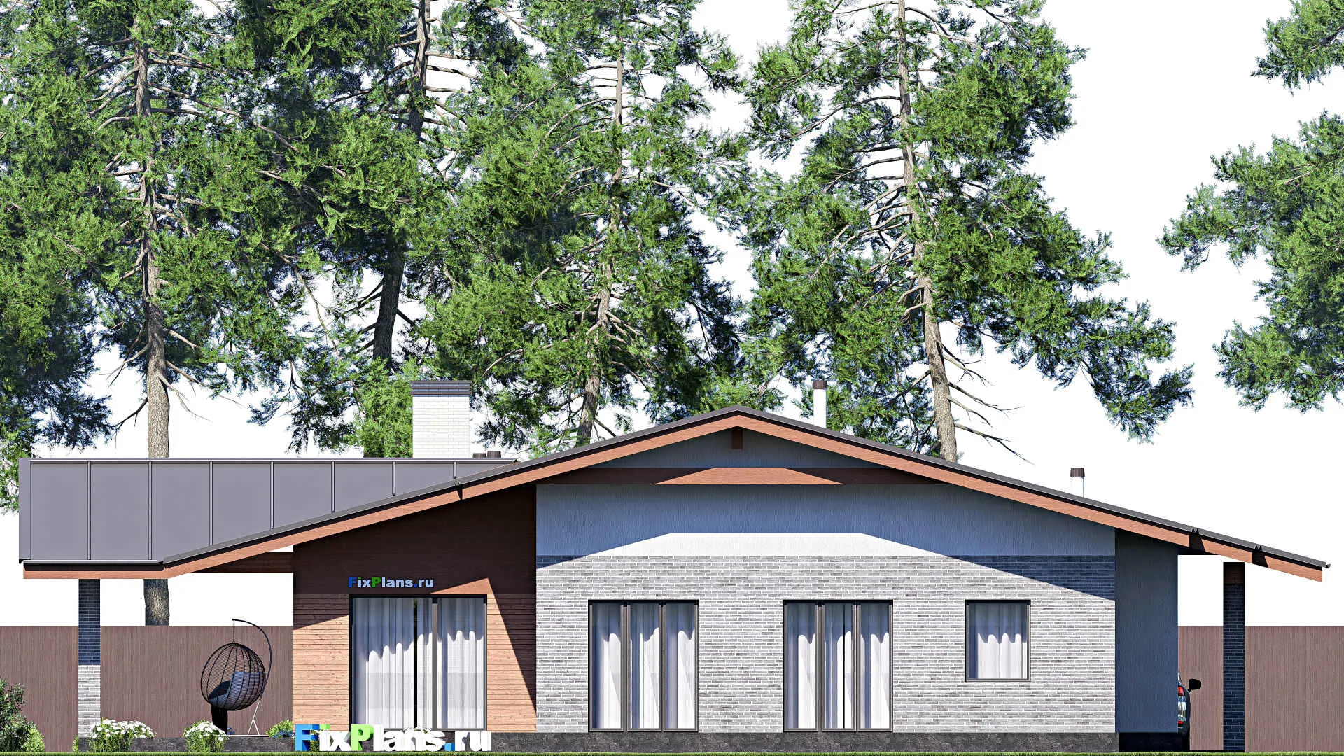 F-20798 - Проект одноэтажного дома 22 на 22, площадью 250 м² с террасой и 3 спальнями