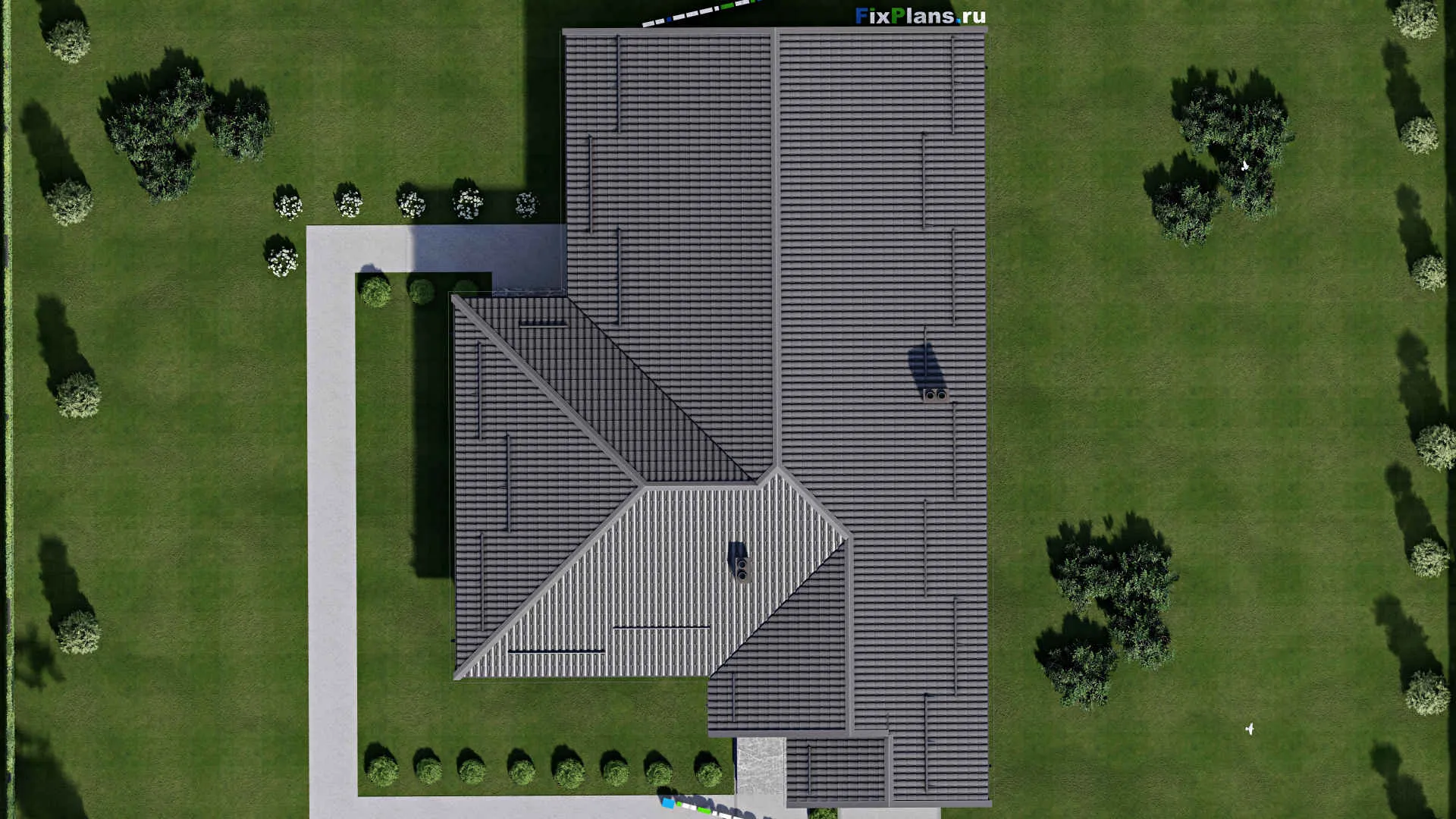 F-1997 - Проект одноэтажного дома 12 на 23, площадью 230 м² с террасой, гаражом на 2 машины и 3 спальнями