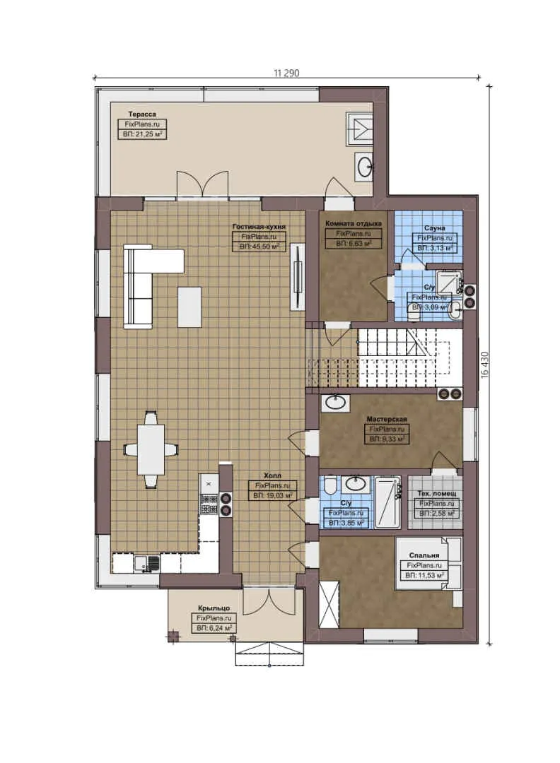F-4049 - Планы двухэтажного дома 12 на 17, площадью 230 м² с террасой, баней и 4 спальнями