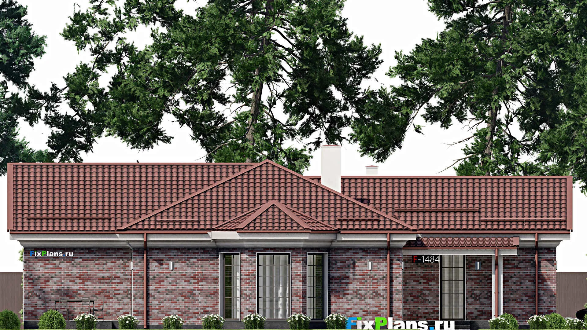 F-1484 - Проект одноэтажного дома 15 на 19, площадью 190 м² с террасой, гаражом на 1 машину и 3 спальнями