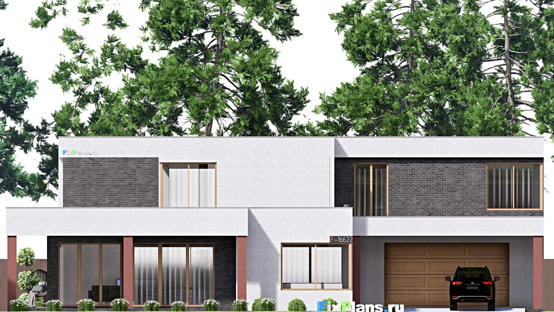 F-16622 - Проект двухэтажного дома 19 на 24, площадью 480 м² с террасой, балконом, гаражом на 2 машины и 3 спальнями