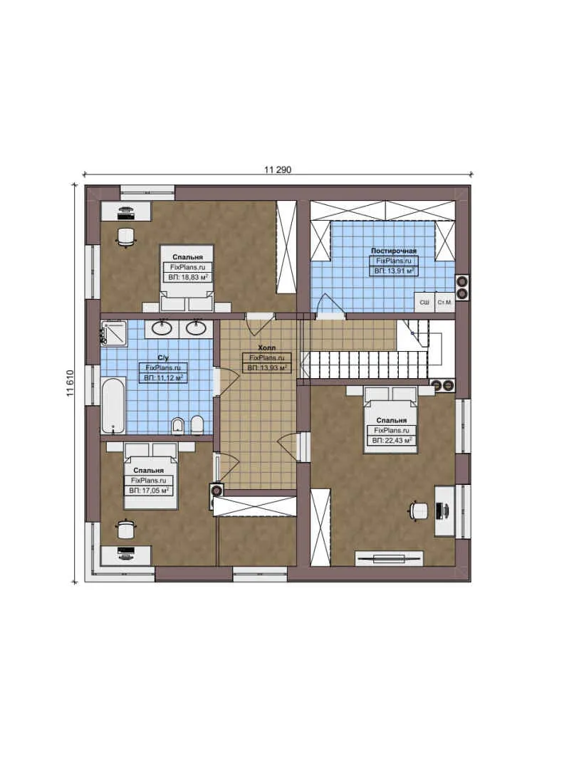 F-3941 - Планы двухэтажного дома 12 на 17, площадью 230 м² с террасой, баней и 4 спальнями