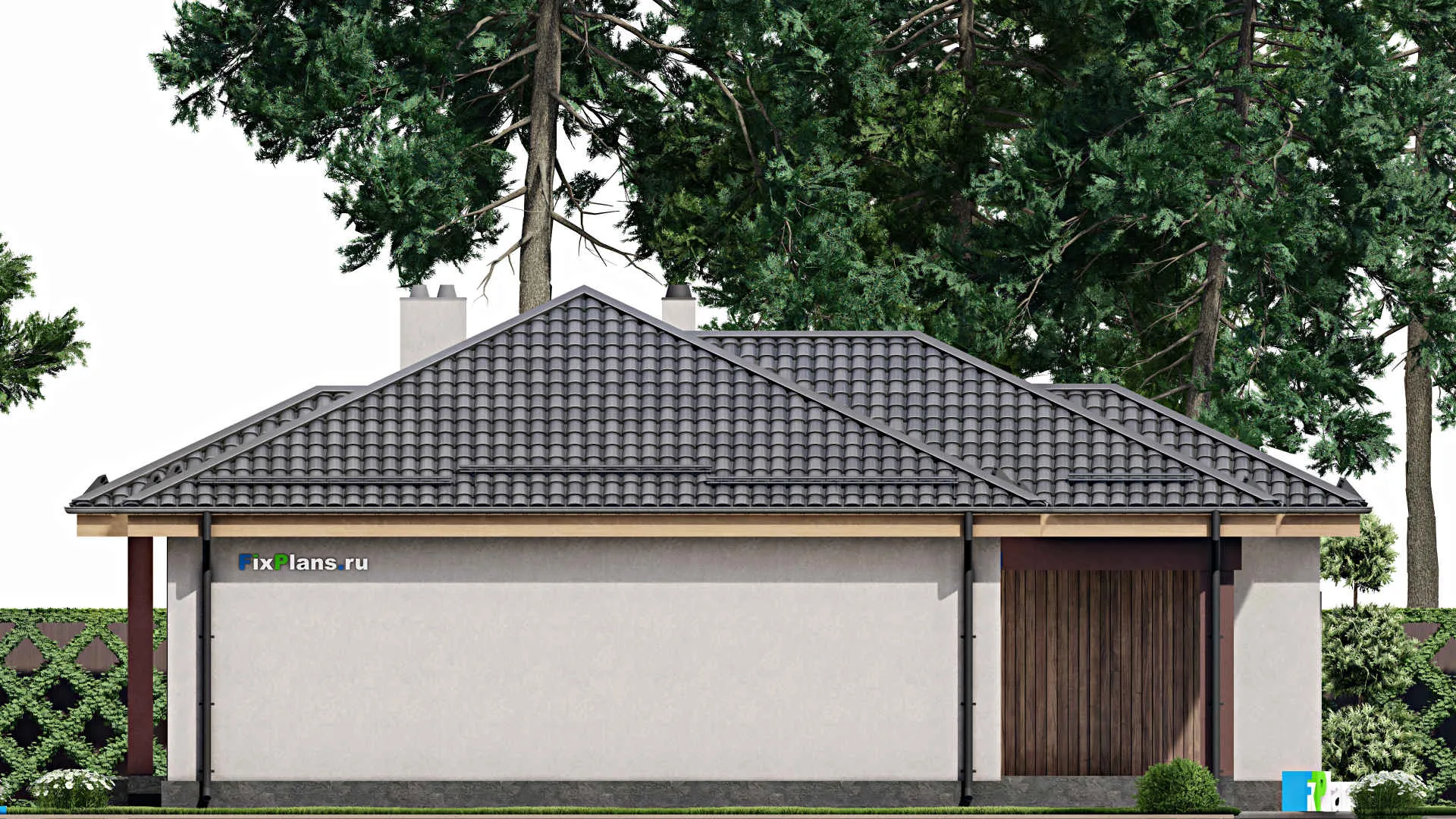 F-7856 - Проект одноэтажного дома 15 на 16, площадью 150 м² с террасой, гаражом на 1 машину и 2 спальнями