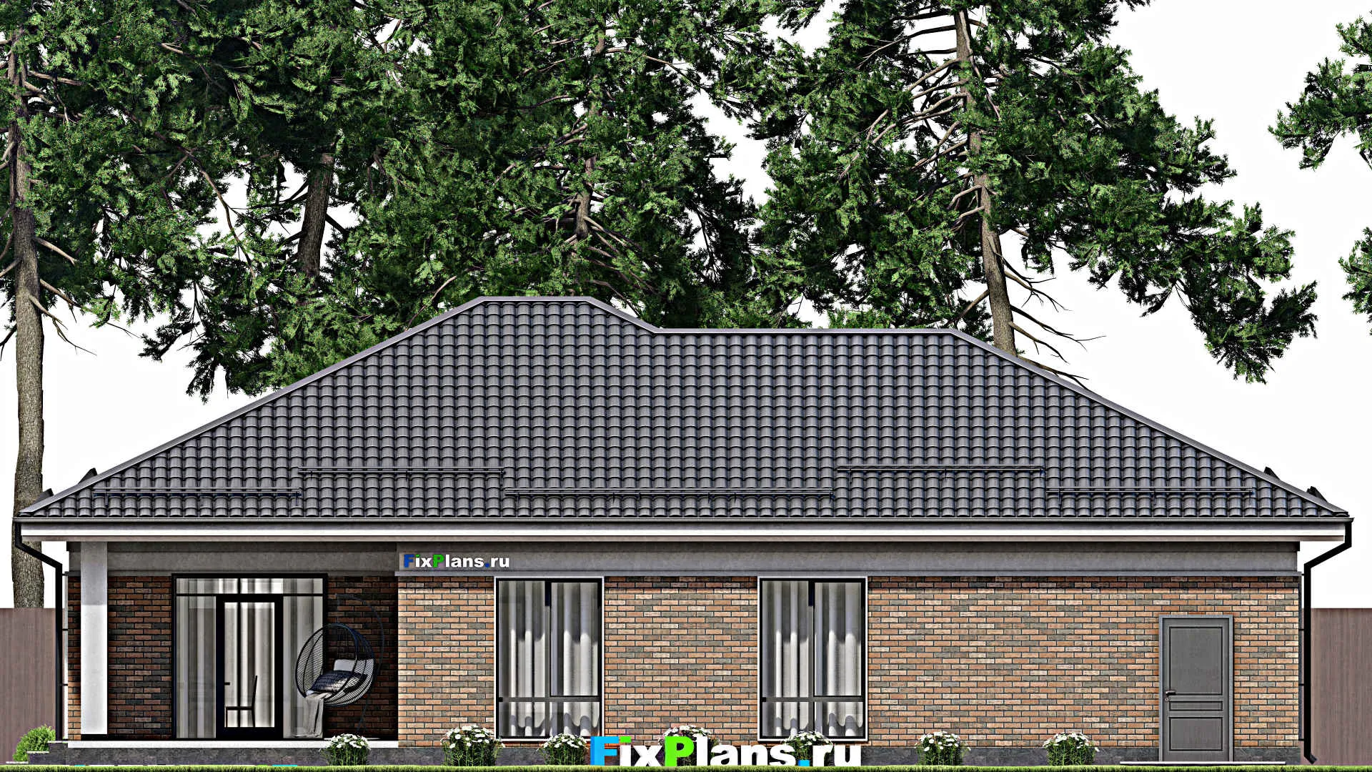 F-2555 - Проект одноэтажного дома 12 на 18, площадью 180 м² с террасой, гаражом на 2 машины и 3 спальнями