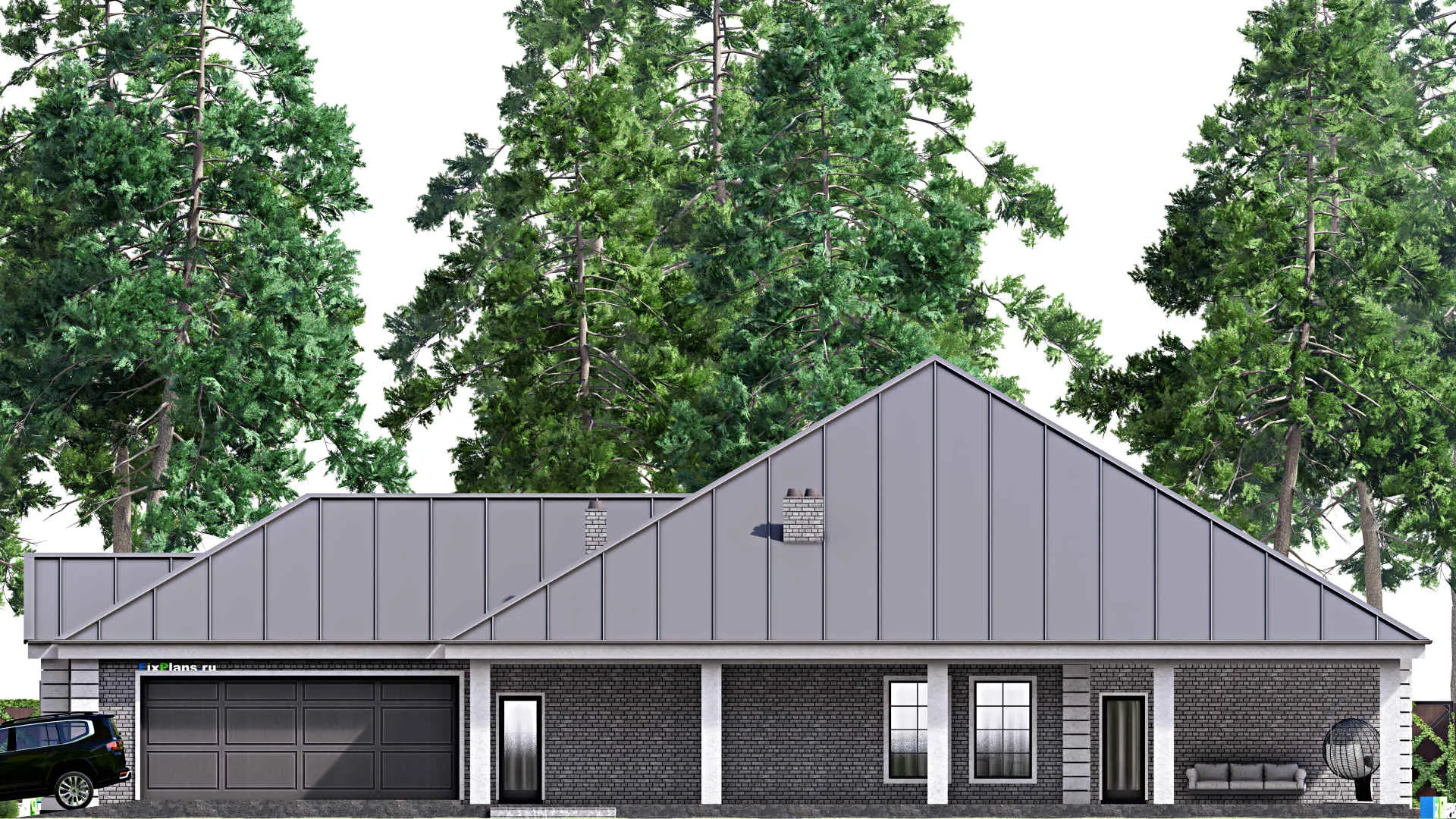 F-16946 - Проект одноэтажного дома 21 на 28, площадью 420 м² с террасой, гаражом на 2 машины и 3 спальнями