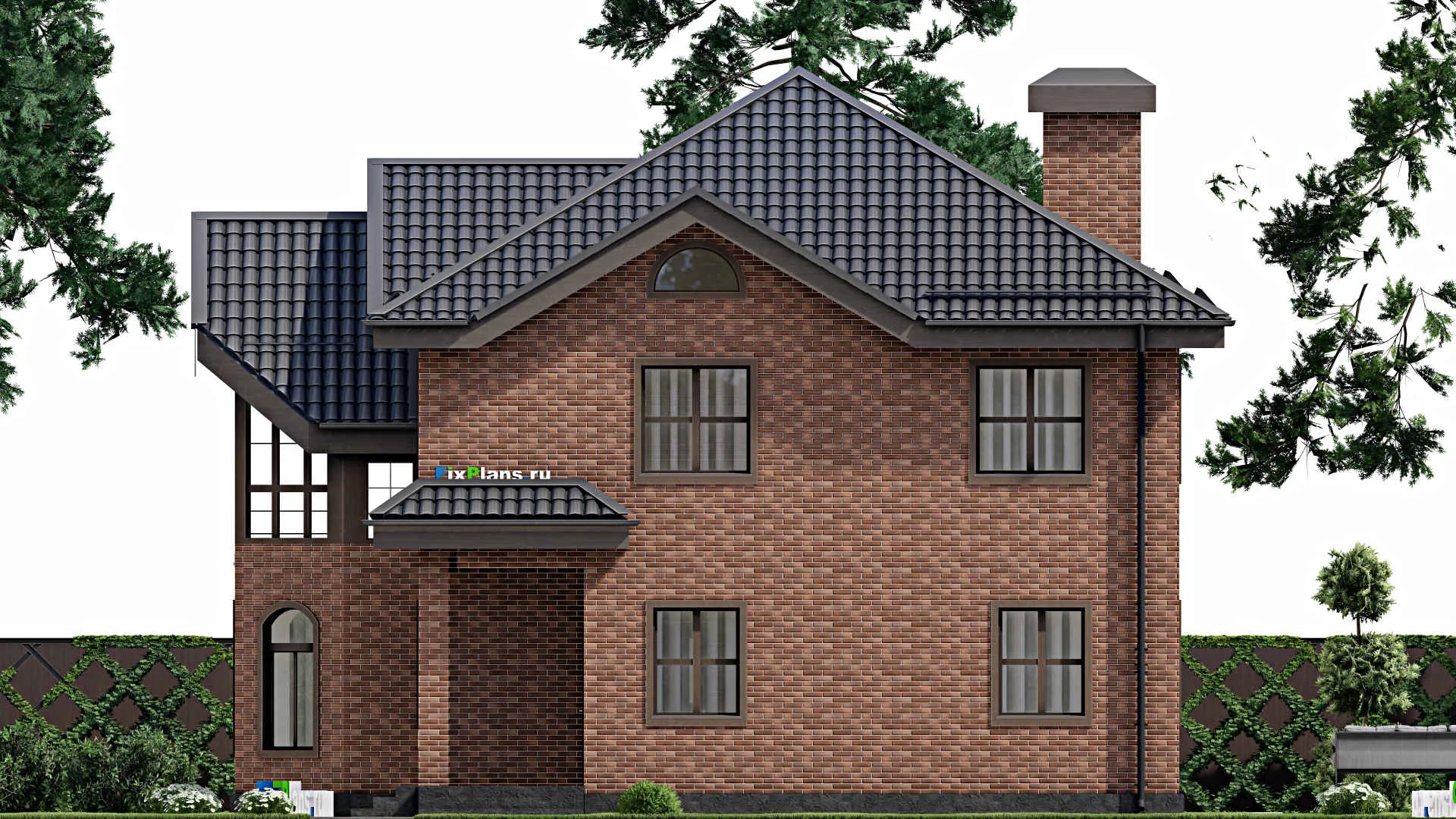 F-3698 - Проект двухэтажного дома 12 на 13, площадью 180 м² с балконом, цокольным этажом и 3 спальнями