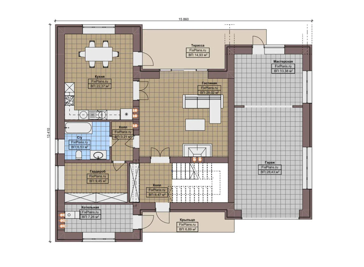 F-8378 - Планы двухэтажного дома 14 на 16, площадью 310 м² с террасой, балконом, гаражом на 1 машину и 4 спальнями