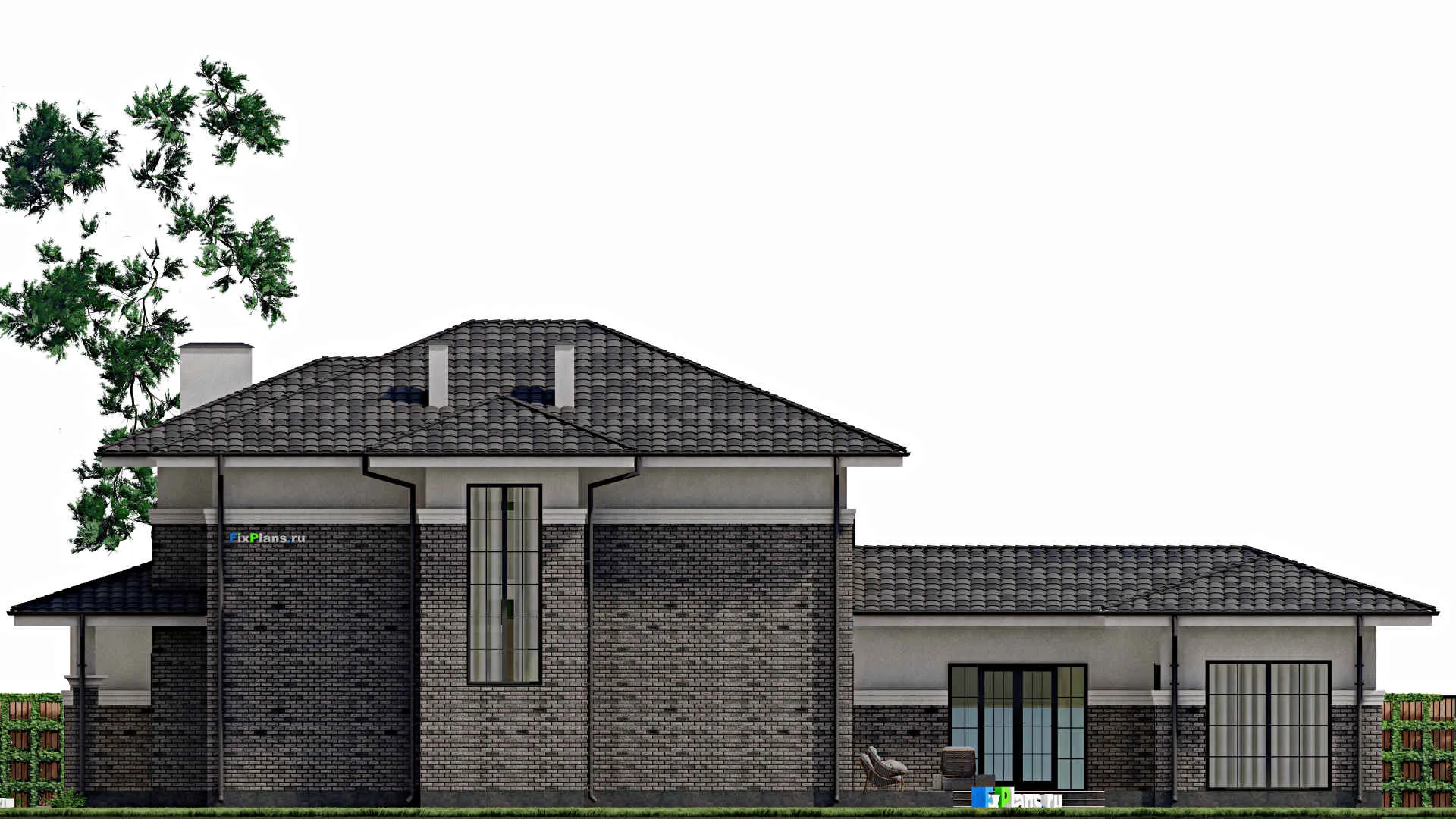 F-0431 - Проект двухэтажного дома 17 на 27, площадью 380 м² с террасой, гаражом на 1 машину, бассейном и 5 спальнями