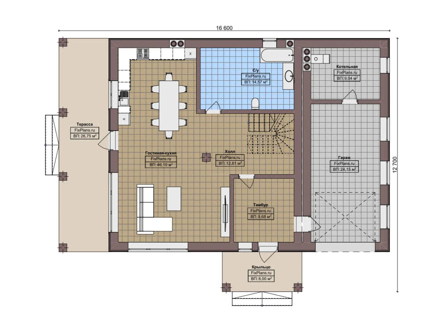 F-7289 - Планы двухэтажного дома 13 на 17, площадью 270 м² с террасой, гаражом на 1 машину и 4 спальнями
