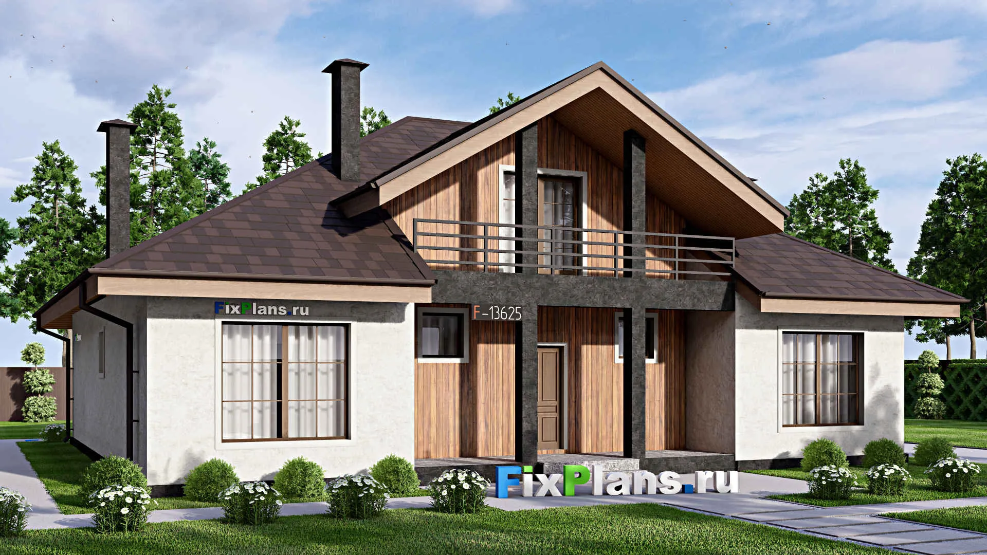 F-13625 - Проект дома с мансардой 14 на 16, площадью 230 м² с балконом и 4 спальнями