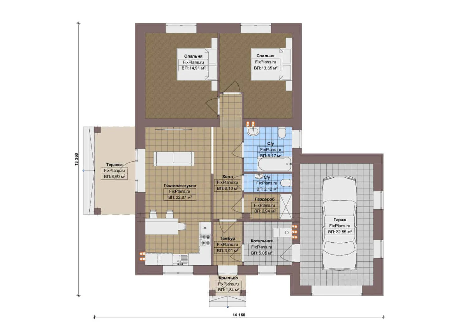 F-17873 - План одноэтажного дома 14 на 15, площадью 120 м² с террасой, гаражом на 1 машину и 2 спальнями