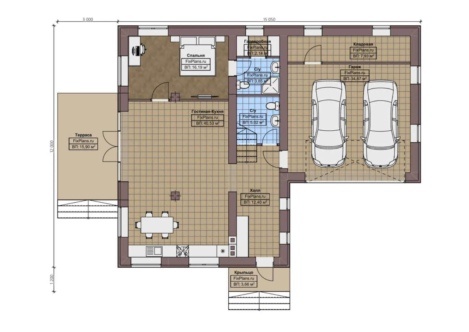 F-1781 - Планы дома с мансардой 12 на 16, площадью 190 м² с террасой, гаражом на 1 машину и 2 спальнями