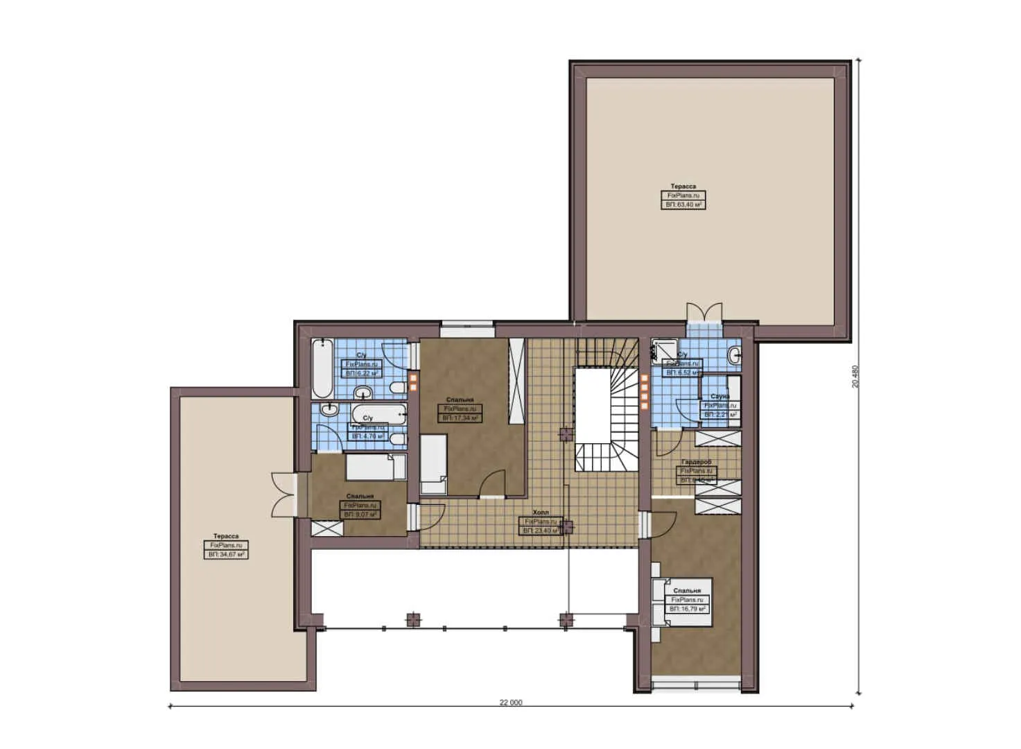 F-3572 - Планы двухэтажного дома 21 на 22, площадью 450 м² с террасой, баней, гаражом на 2 машины и 3 спальнями