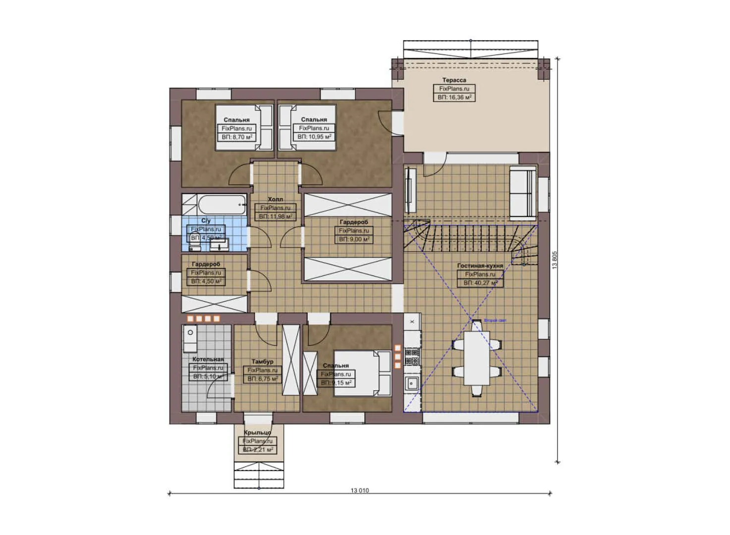 F-9656 - Планы дома с мансардой 14 на 14, площадью 160 м² с террасой, балконом и 3 спальнями