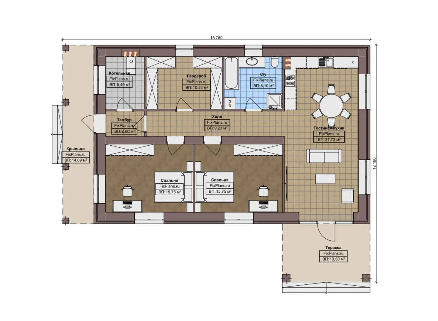 F-10412 - План одноэтажного дома 13 на 16, площадью 130 м² с 2 спальнями
