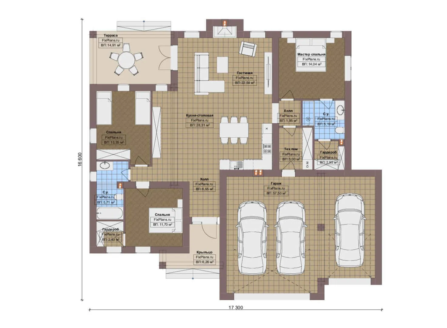 F-20465 - План одноэтажного дома 17 на 18, площадью 200 м² с террасой, гаражом на 2 машины и 3 спальнями