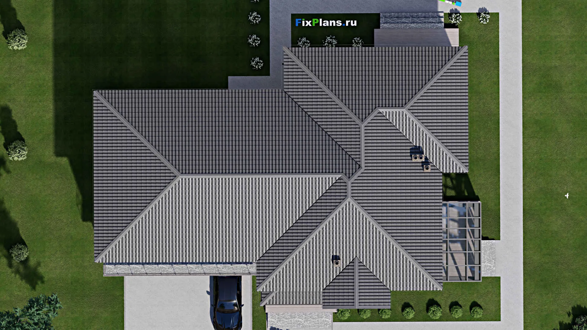 F-5507 - Проект двухэтажного дома 17 на 25, площадью 500 м² с террасой, балконом, гаражом на 2 машины и 4 спальнями