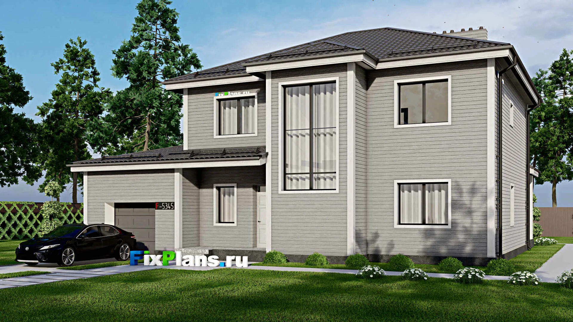 F-5345 - Проект двухэтажного дома 12 на 16, площадью 220 м² с гаражом на 1 машину и 4 спальнями