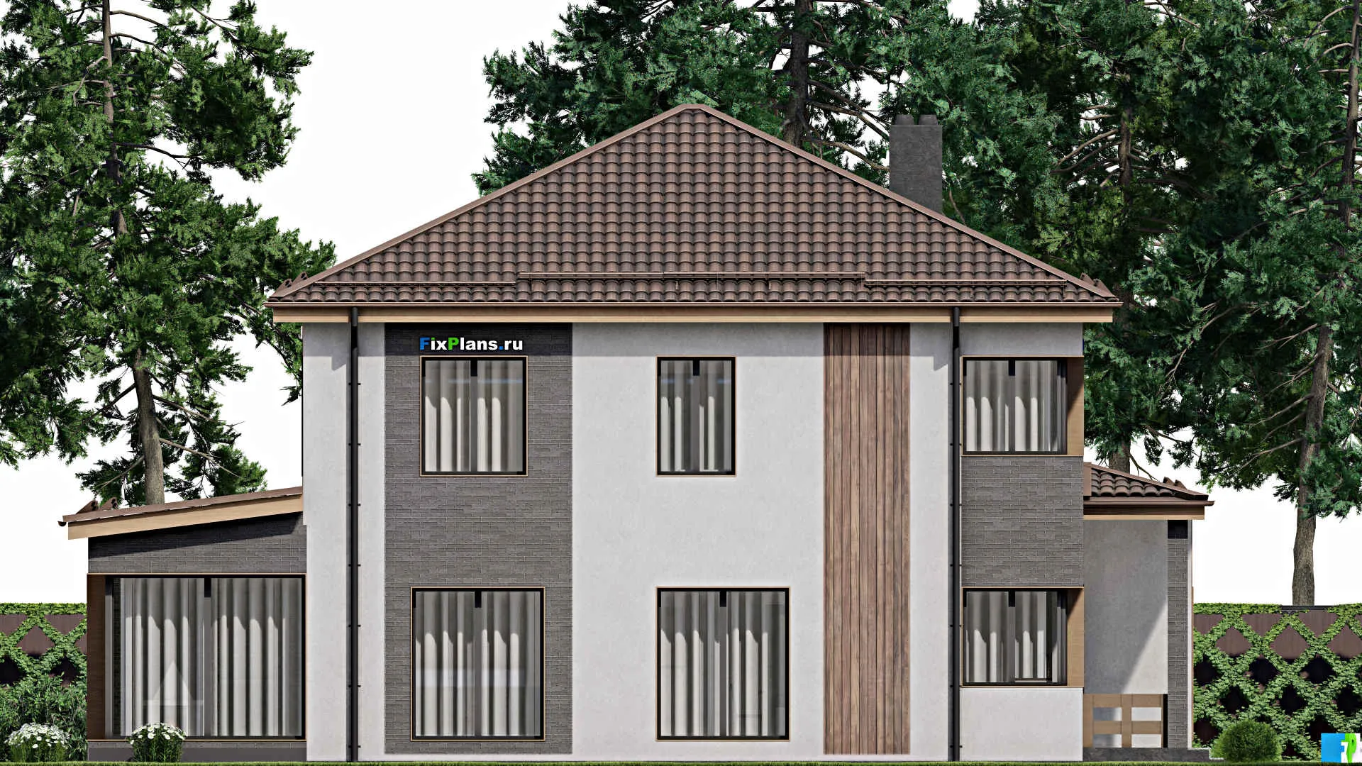 F-7964 - Проект двухэтажного дома 12 на 17, площадью 230 м² с террасой, баней и 4 спальнями