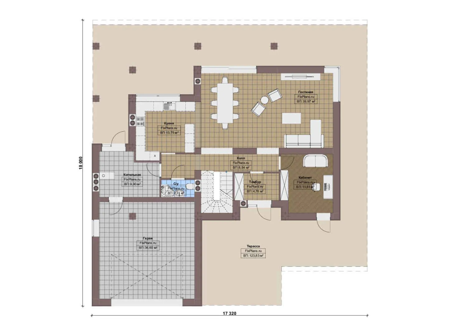 F-16118 - Планы дома с мансардой 18 на 18, площадью 360 м² с террасой, гаражом на 2 машины и 3 спальнями