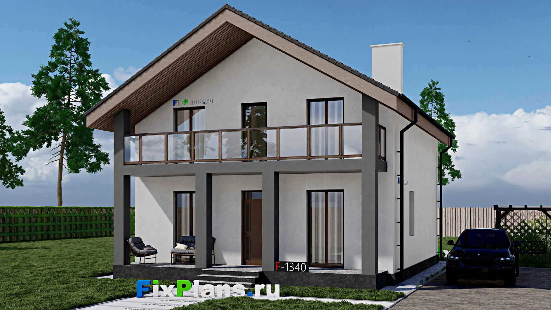 F-1340 - Проект дома с мансардой 9 на 10, площадью 140 м² с балконом и 3 спальнями