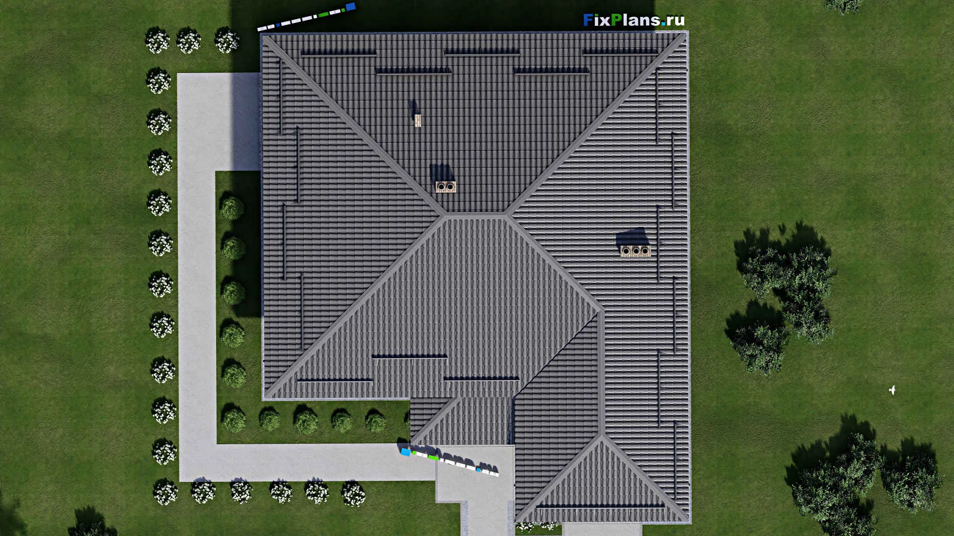 F-2168 - Проект одноэтажного дома 16 на 18, площадью 180 м² с террасой, баней, гаражом на 1 машину и 2 спальнями