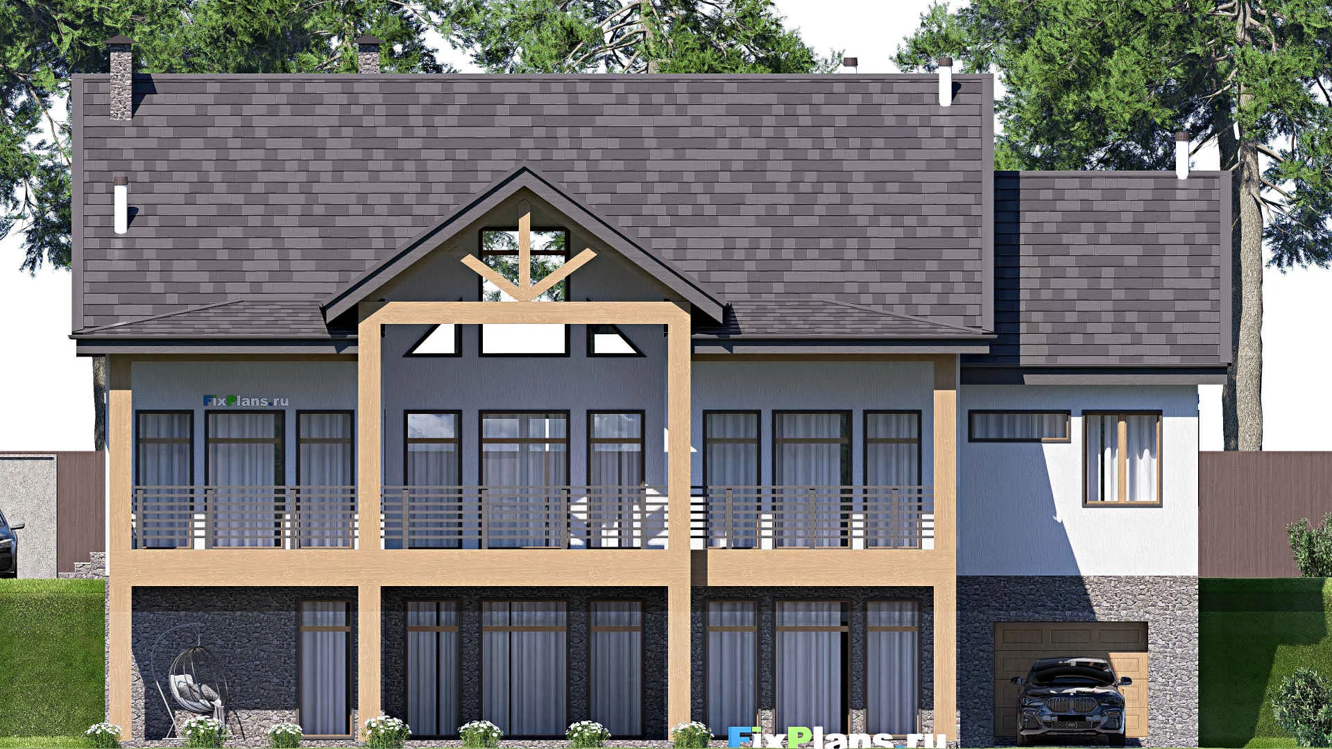 F-20645 - Проект двухэтажного дома 18 на 20, площадью 440 м² с террасой, цокольным этажом, гаражом на 1 машину и 3 спальнями