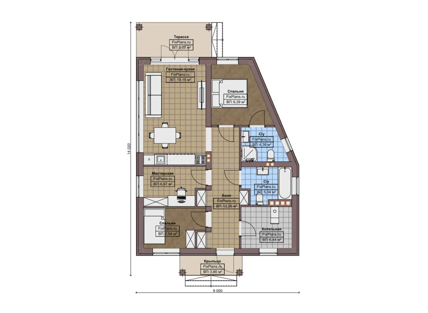 F-11204 - План одноэтажного дома 9 на 15, площадью 90 м² с террасой и 2 спальнями