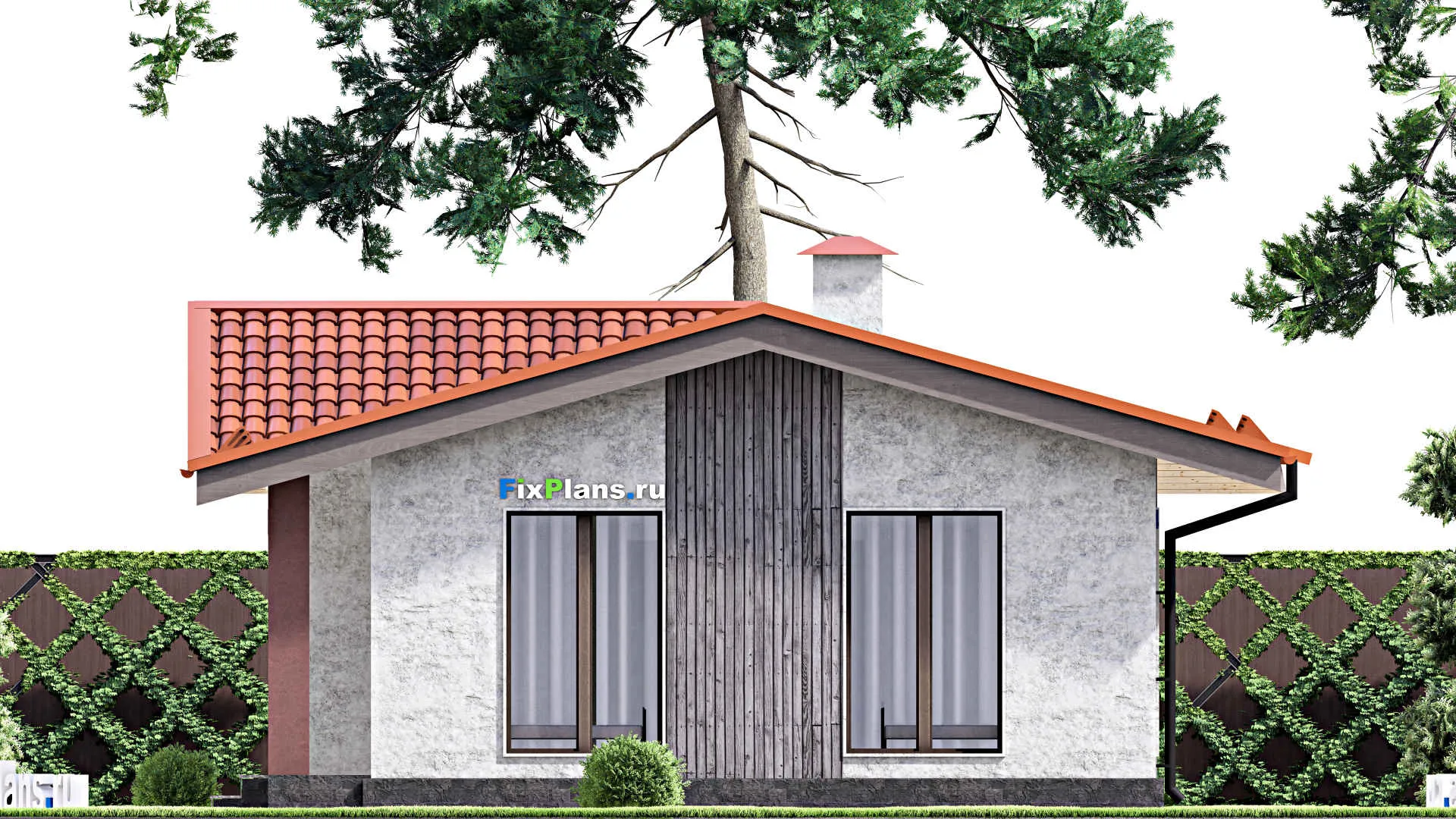 F-12959 - Проект одноэтажного дома 9 на 9, площадью 60 м² с террасой и 2 спальнями