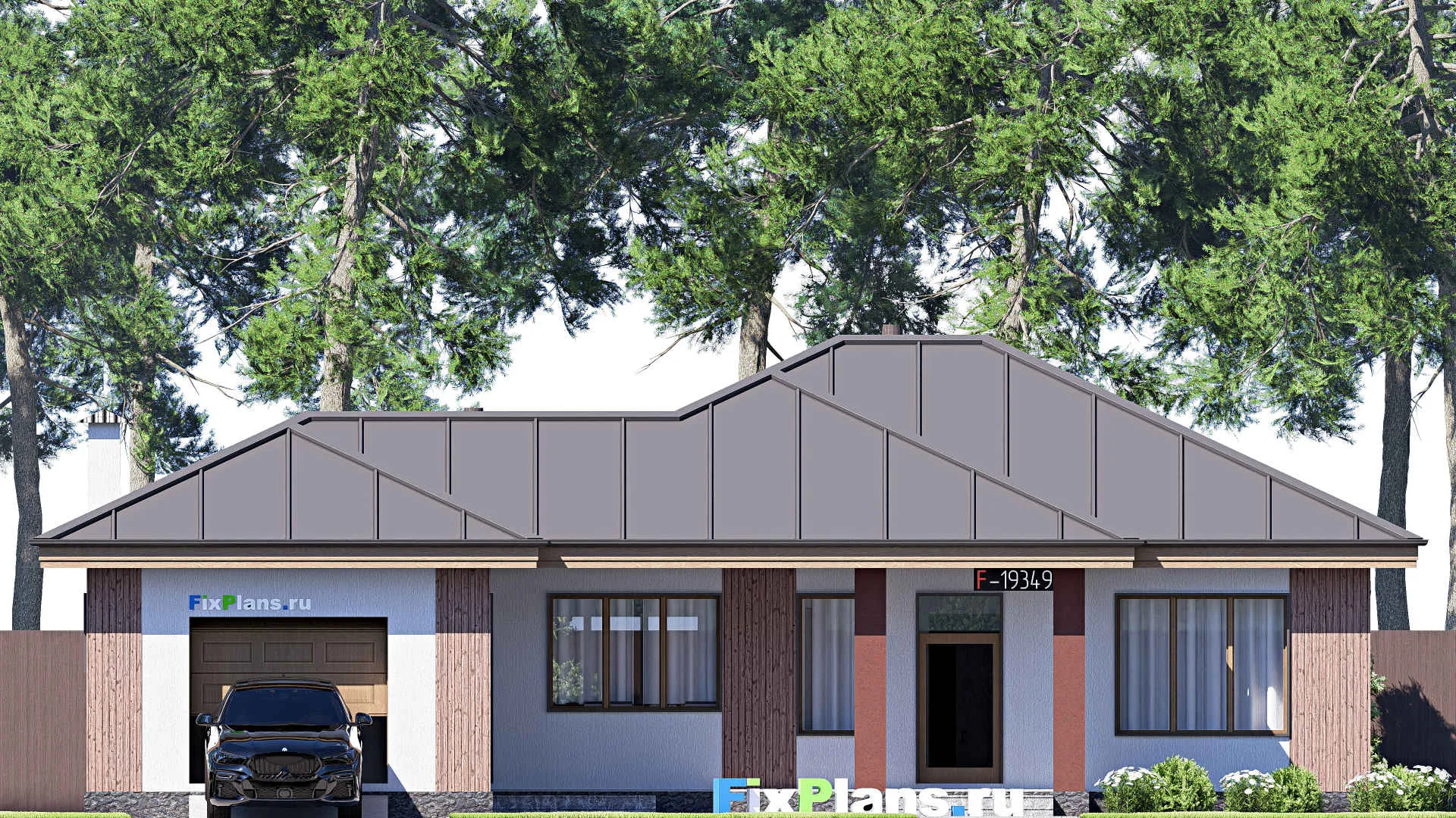 F-19349 - Проект одноэтажного дома 17 на 18, площадью 150 м² с террасой, гаражом на 1 машину и 2 спальнями