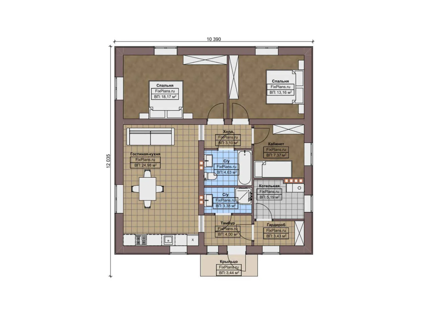 F-11060 - План одноэтажного дома 11 на 13, площадью 100 м² с 2 спальнями