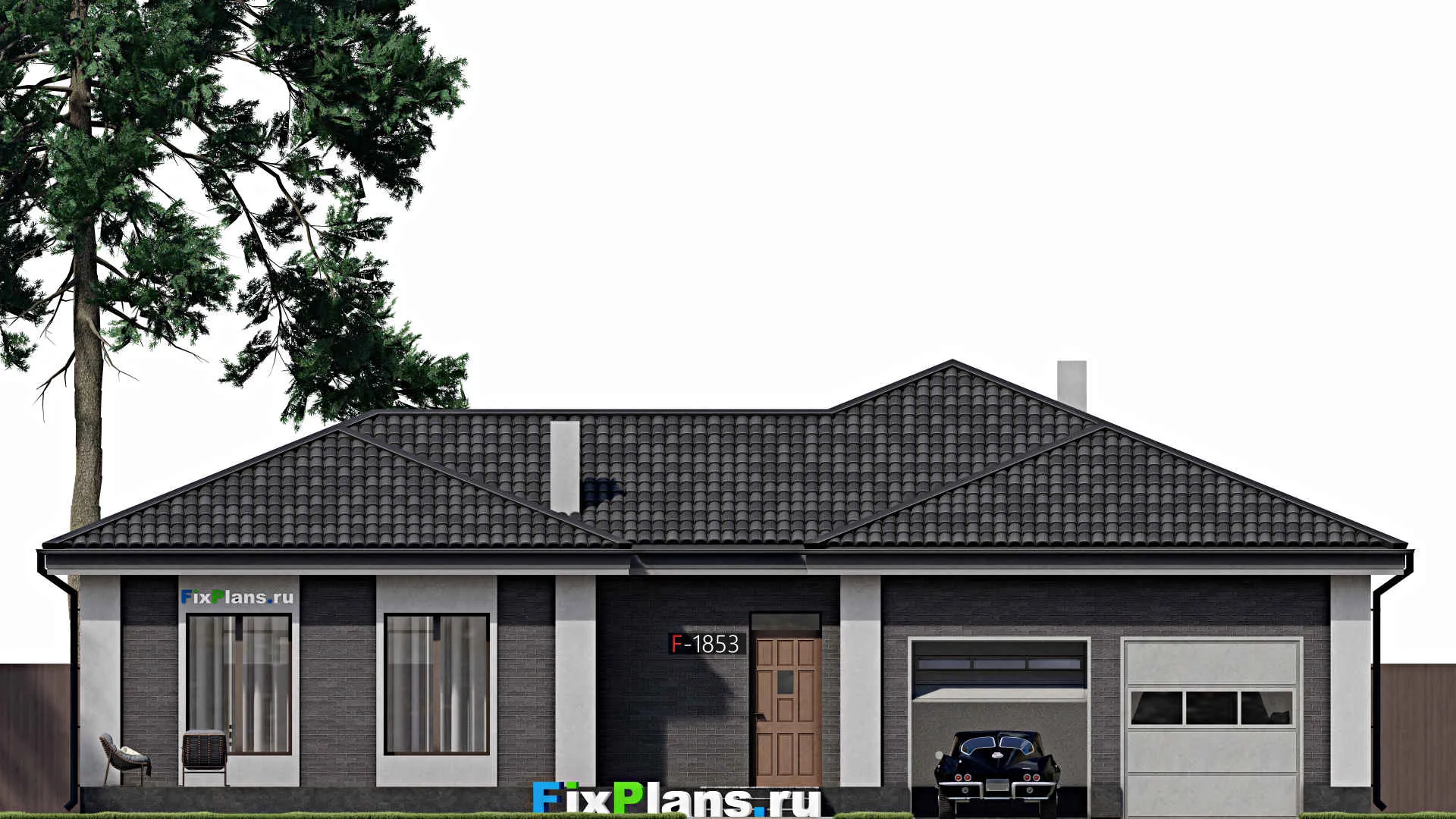 F-1853 - Проект одноэтажного дома 17 на 18, площадью 280 м² с террасой, гаражом на 2 машины и 3 спальнями