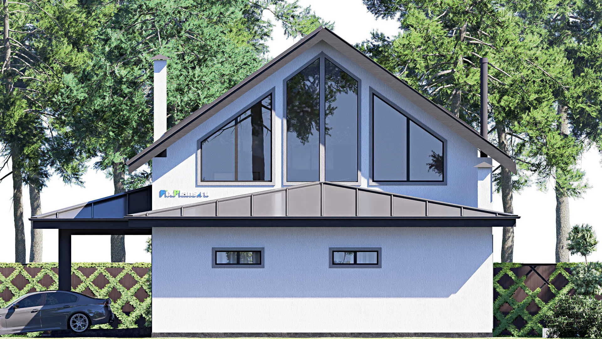 F-18917 - Проект дома с мансардой 14 на 21, площадью 320 м² с террасой, гаражом на 2 машины и 4 спальнями