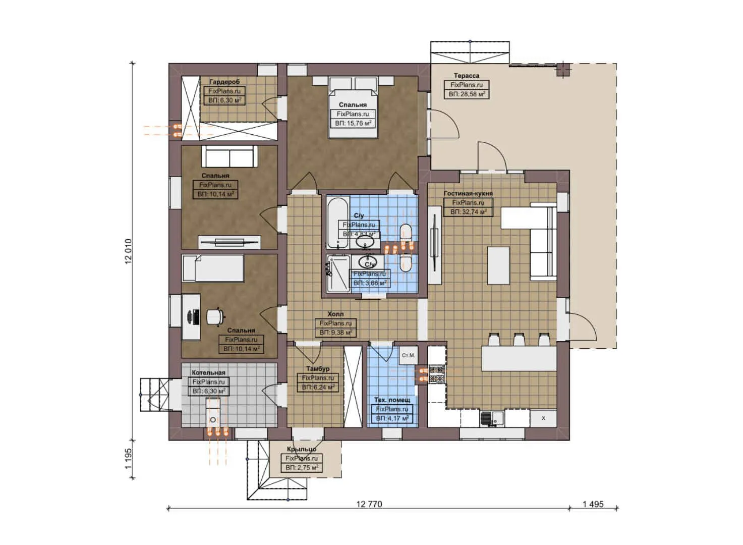 F-7892 - План одноэтажного дома 13 на 13, площадью 150 м² с террасой и 3 спальнями