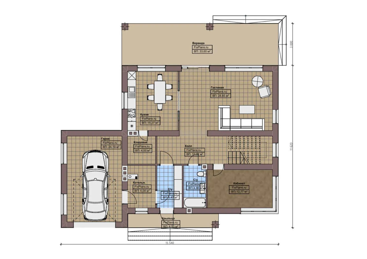 F-1835 - Планы двухэтажного дома 12 на 16, площадью 270 м² с террасой, балконом, гаражом на 1 машину и 4 спальнями