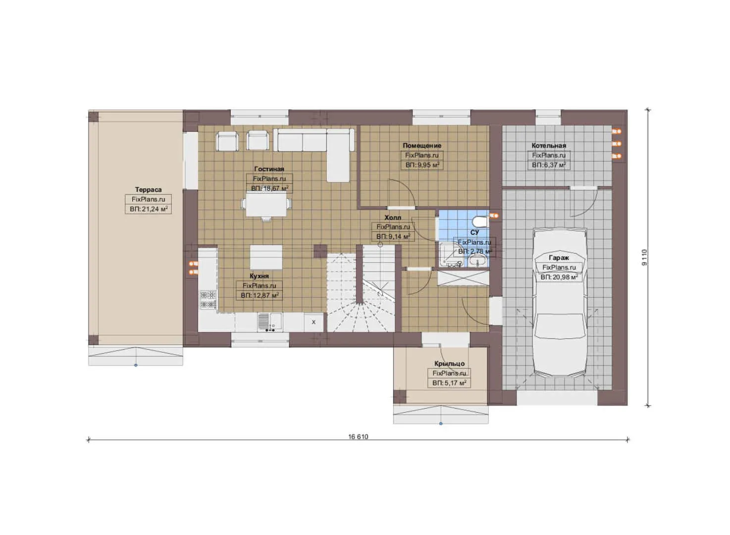 F-19511 - Планы двухэтажного дома 10 на 17, площадью 160 м² с террасой, гаражом на 1 машину и 3 спальнями