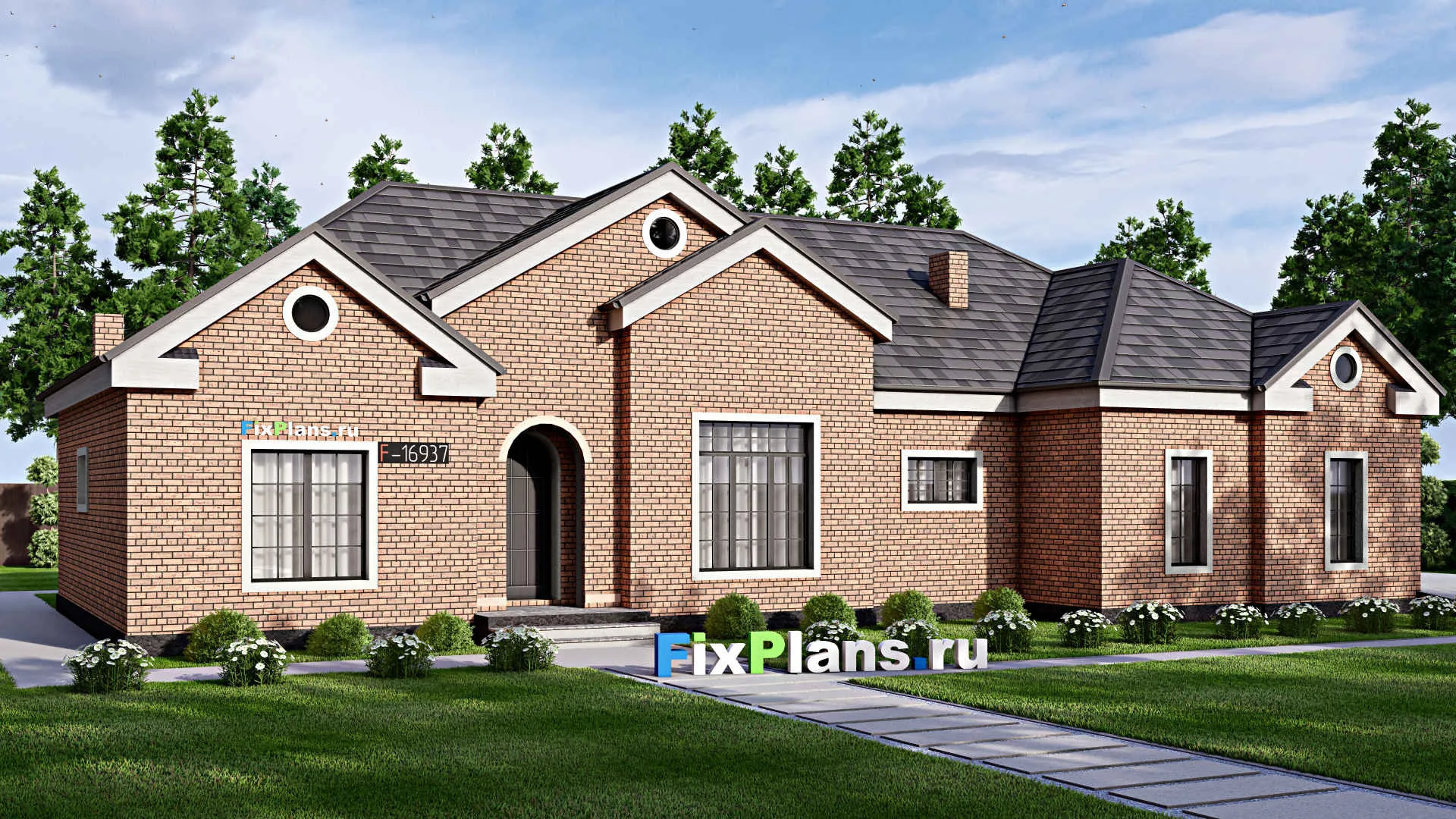 F-16937 - Проект одноэтажного дома 19 на 21, площадью 260 м² с террасой, гаражом на 2 машины и 3 спальнями