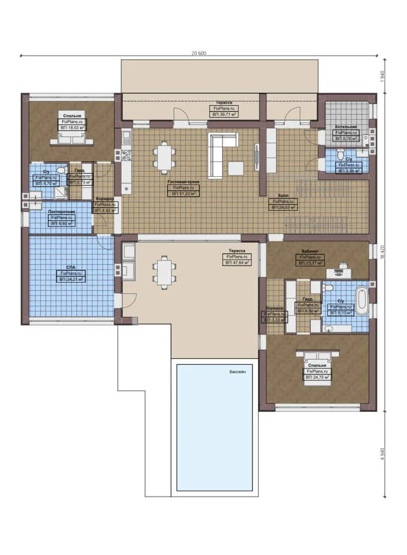 F-0359 - Планы двухэтажного дома 19 на 21, площадью 550 м² с террасой, балконом, баней, бассейном, спортзалом и 4 спальнями