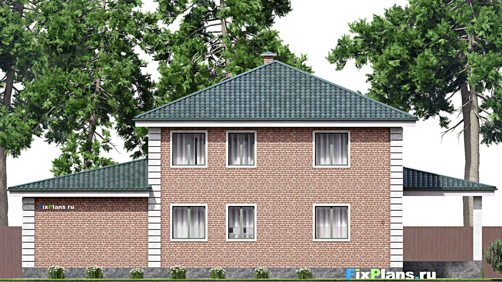 F-13589 - Проект двухэтажного дома 14 на 21, площадью 280 м² с террасой, гаражом на 2 машины и 4 спальнями